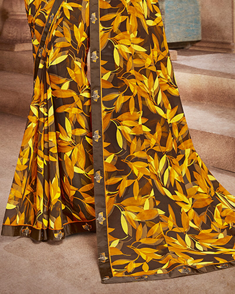 Vishal Prints Brown And Mustard Georgette Saree With Satin Border