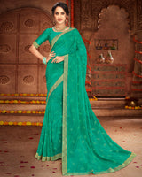 Vishal Prints Rama Green Georgette Saree With Foil Print And Jari Border