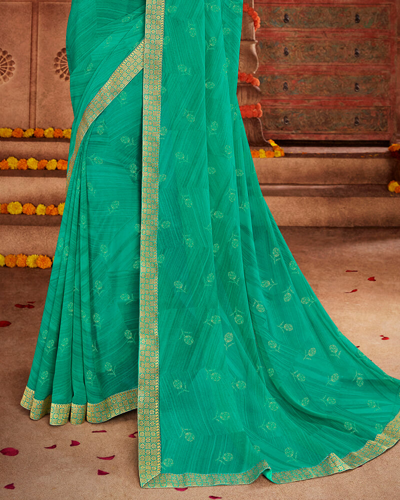 Vishal Prints Rama Green Georgette Saree With Foil Print And Jari Border