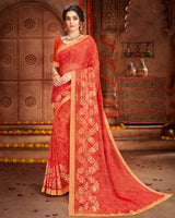 Vishal Prints Orange Georgette Saree With Foil Print And Jari Border