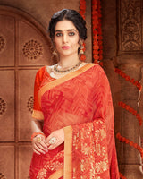 Vishal Prints Orange Georgette Saree With Foil Print And Jari Border