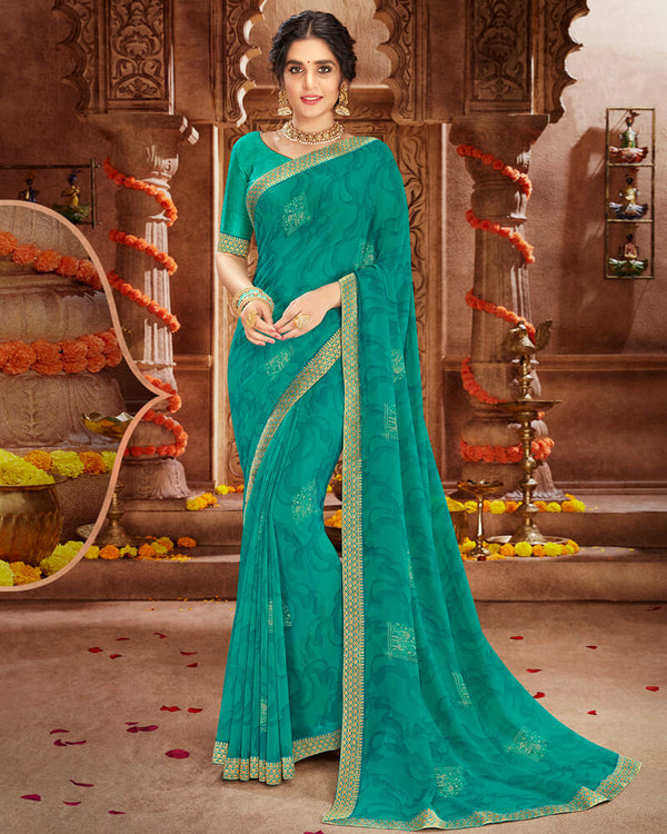 Vishal Prints Rama Green Georgette Saree With Foil Print And Jari Border
