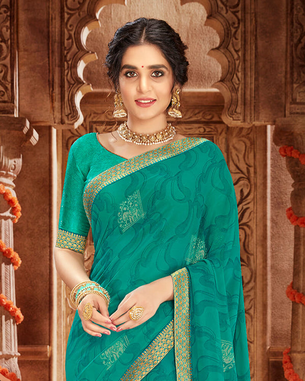 Vishal Prints Rama Green Georgette Saree With Foil Print And Jari Border