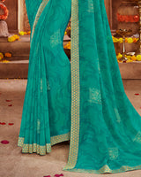 Vishal Prints Rama Green Georgette Saree With Foil Print And Jari Border