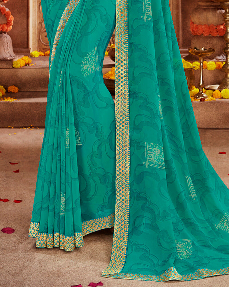 Vishal Prints Rama Green Georgette Saree With Foil Print And Jari Border