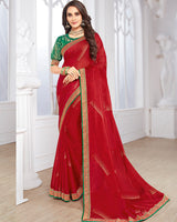 Vishal Prints Red Chiffon Saree With Foil Print And Jari Border