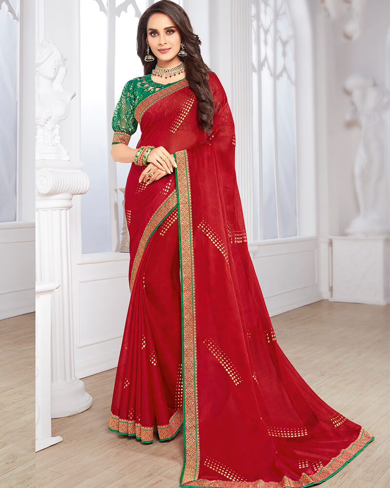 Vishal Prints Red Chiffon Saree With Foil Print And Jari Border