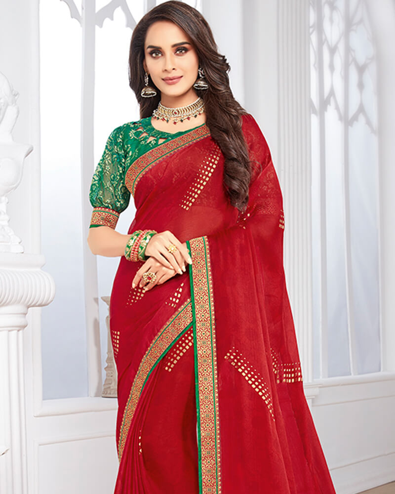 Vishal Prints Red Chiffon Saree With Foil Print And Jari Border