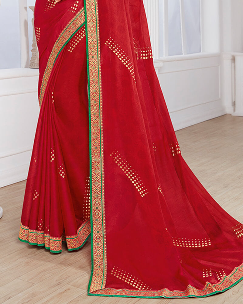 Vishal Prints Red Chiffon Saree With Foil Print And Jari Border