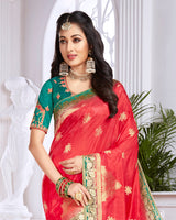 Vishal Prints Red And Green Dola Silk Weaving And Diamond Work Saree