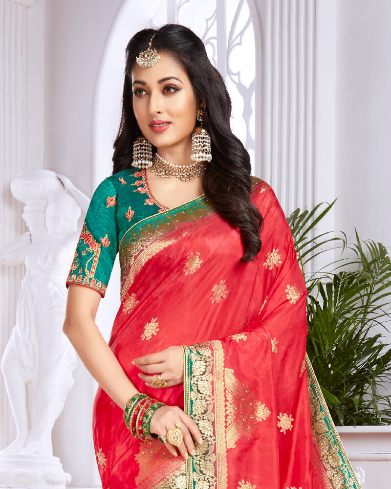 Vishal Prints Red And Green Dola Silk Weaving And Diamond Work Saree