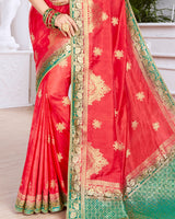 Vishal Prints Red And Green Dola Silk Weaving And Diamond Work Saree