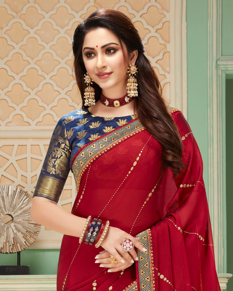 Vishal Prints Red Georgette Saree With Foil Print And Jari Border