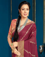 Vishal Prints Maroon Chiffon Saree With Foil Print And Jari Border