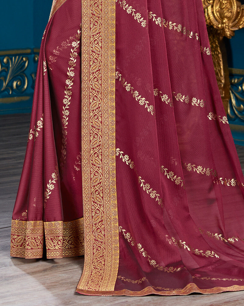 Vishal Prints Maroon Chiffon Saree With Foil Print And Jari Border