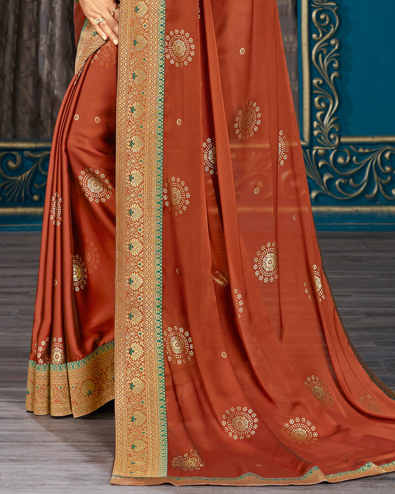 Vishal Prints Rust Chiffon Saree With Foil Print And Jari Border