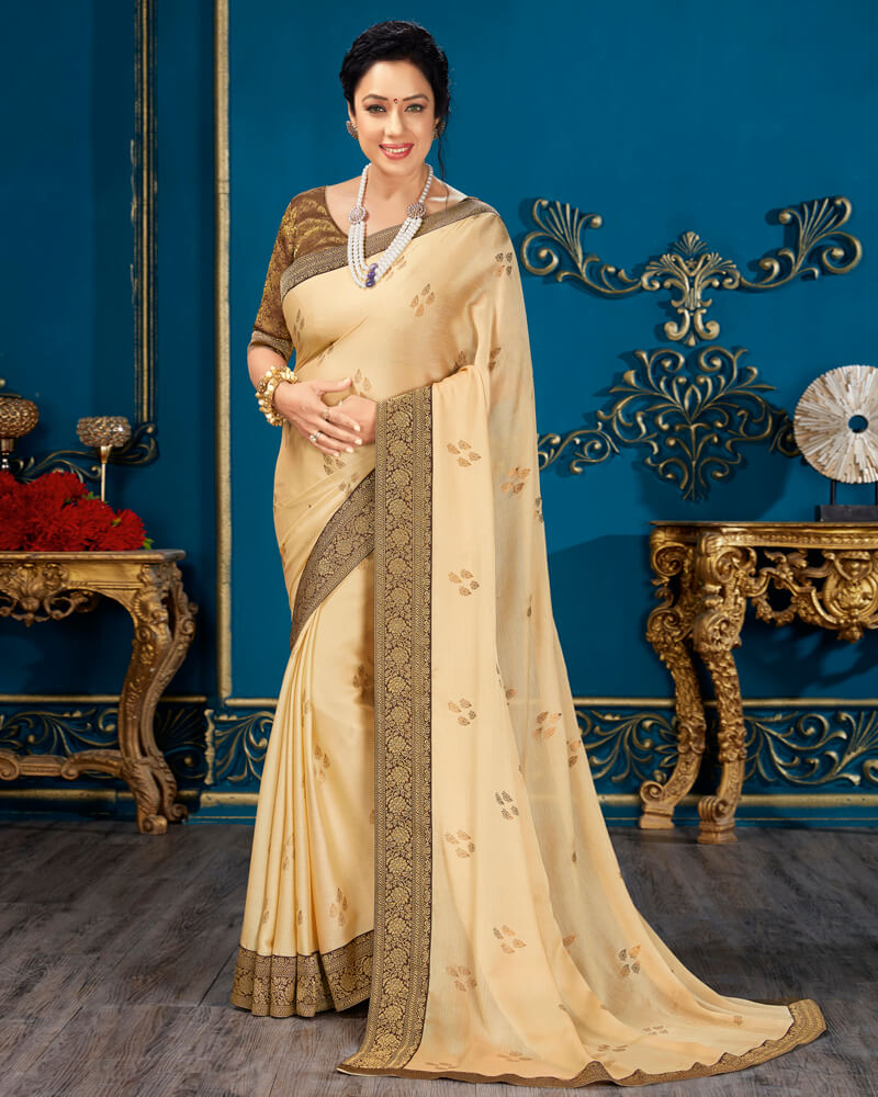 Vishal Prints Beige Chiffon Saree With Foil Print And Jari Border