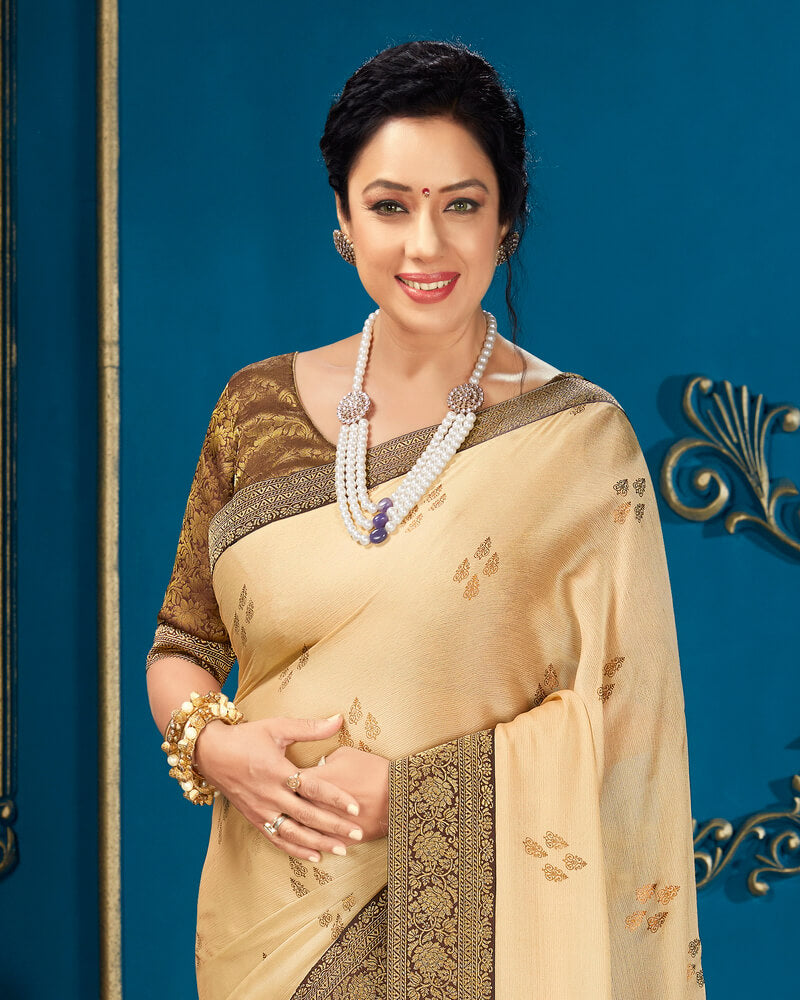 Vishal Prints Beige Chiffon Saree With Foil Print And Jari Border