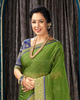 Vishal Prints Green Chiffon Saree With Foil Print And Jari Border