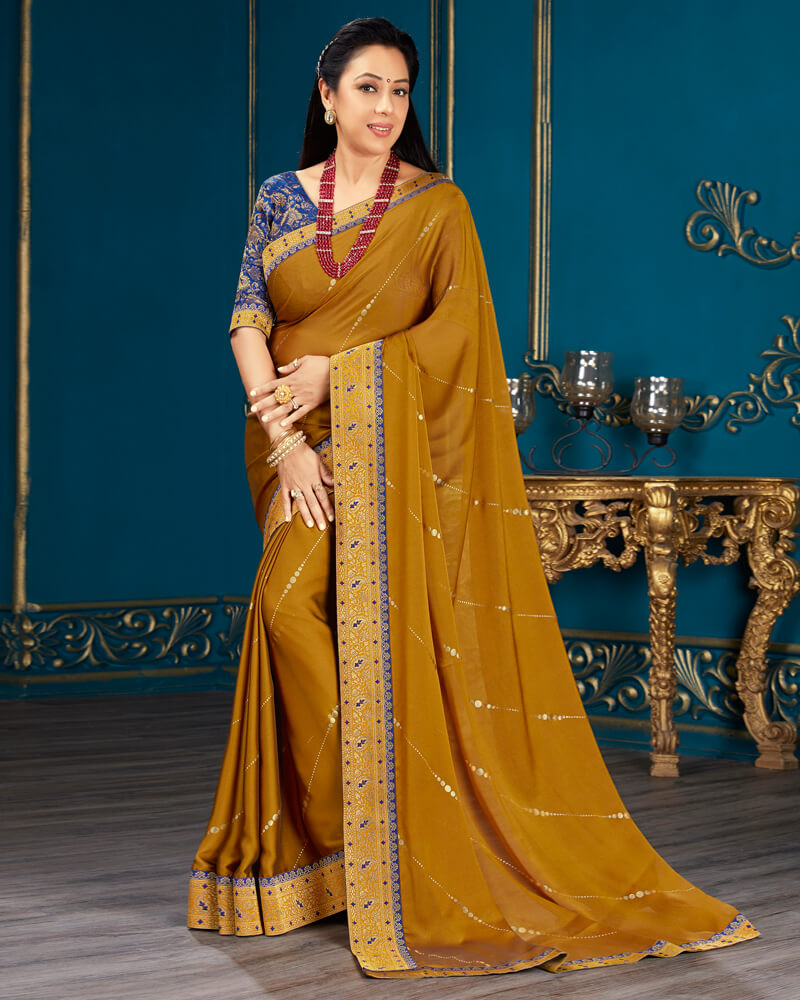 Vishal Prints Mustard Chiffon Saree With Foil Print And Jari Border