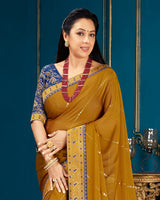 Vishal Prints Mustard Chiffon Saree With Foil Print And Jari Border