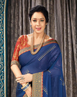 Vishal Prints Royal Blue Chiffon Saree With Foil Print And Jari Border