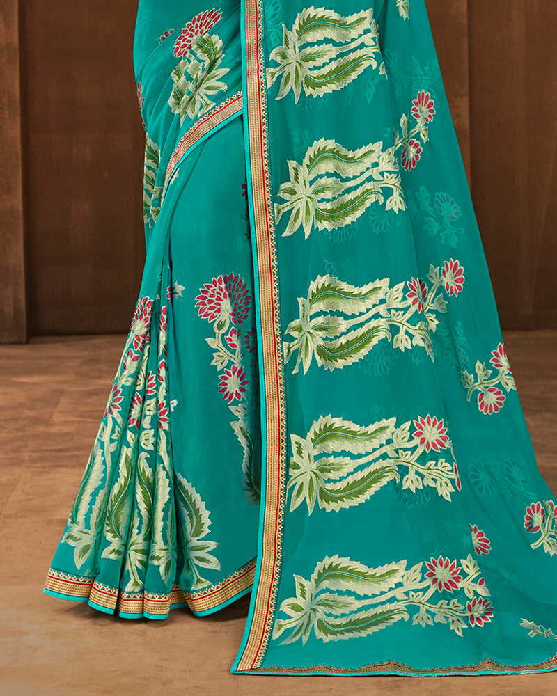 Vishal Prints Rama Green Brasso Saree With Foil Print And Jari Border
