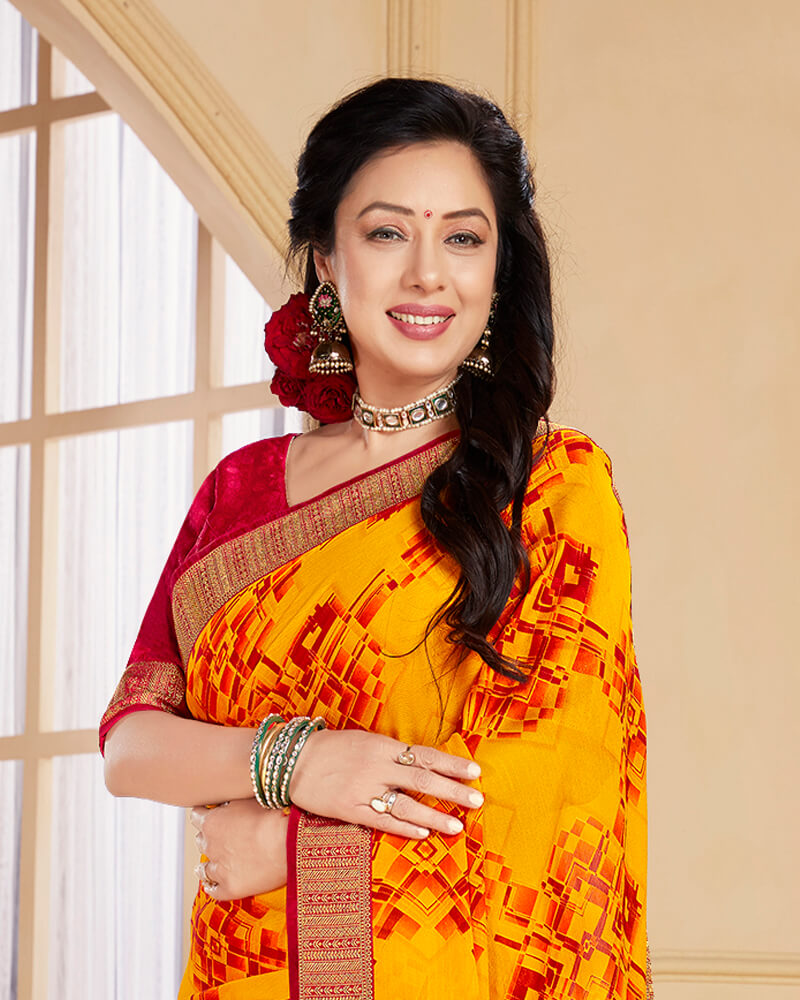 Vishal Prints Orange And Red Chiffon Saree With Jari Border