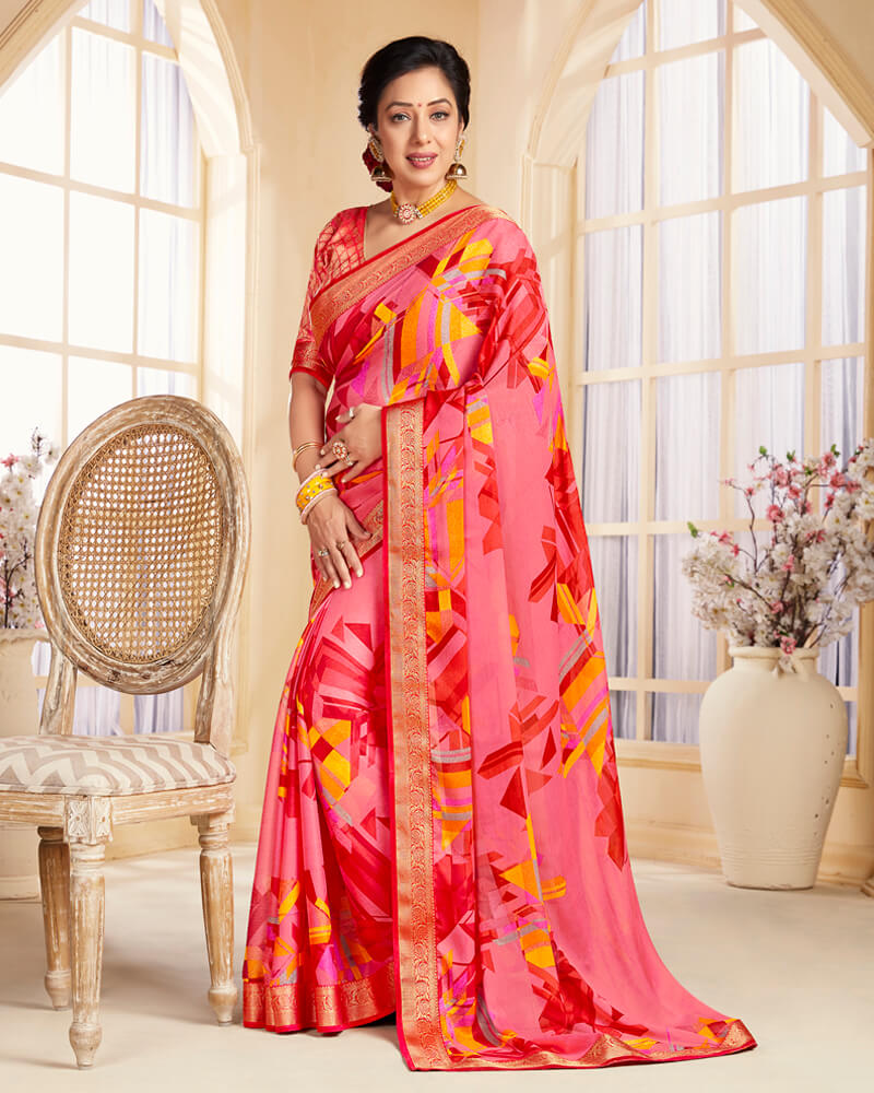 Vishal Prints Pink And Yellow Chiffon Saree With Jari Border