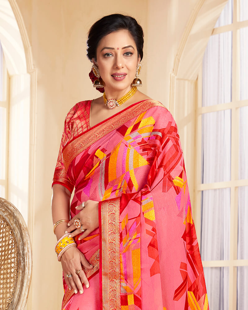 Vishal Prints Pink And Yellow Chiffon Saree With Jari Border