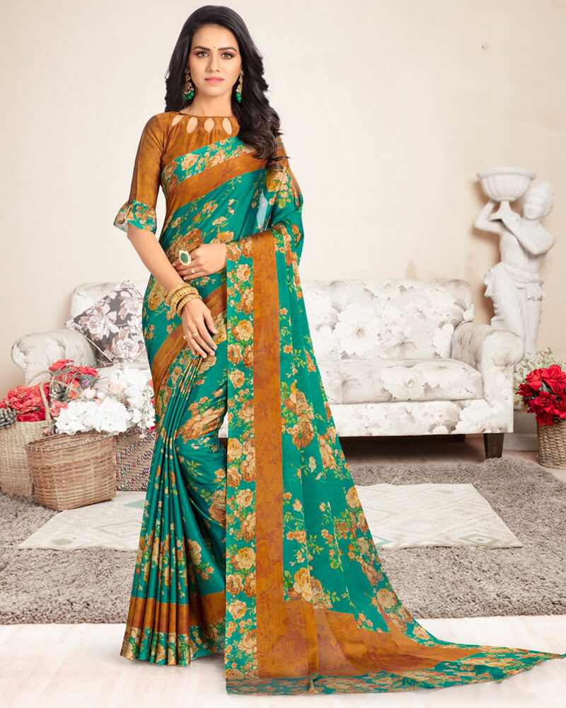 Vishal Prints Sea Green And Ochre Digital Print Chiffon Saree