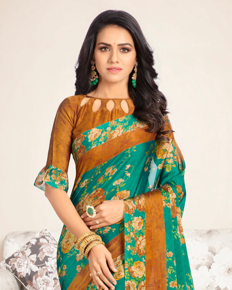 Vishal Prints Sea Green And Ochre Digital Print Chiffon Saree
