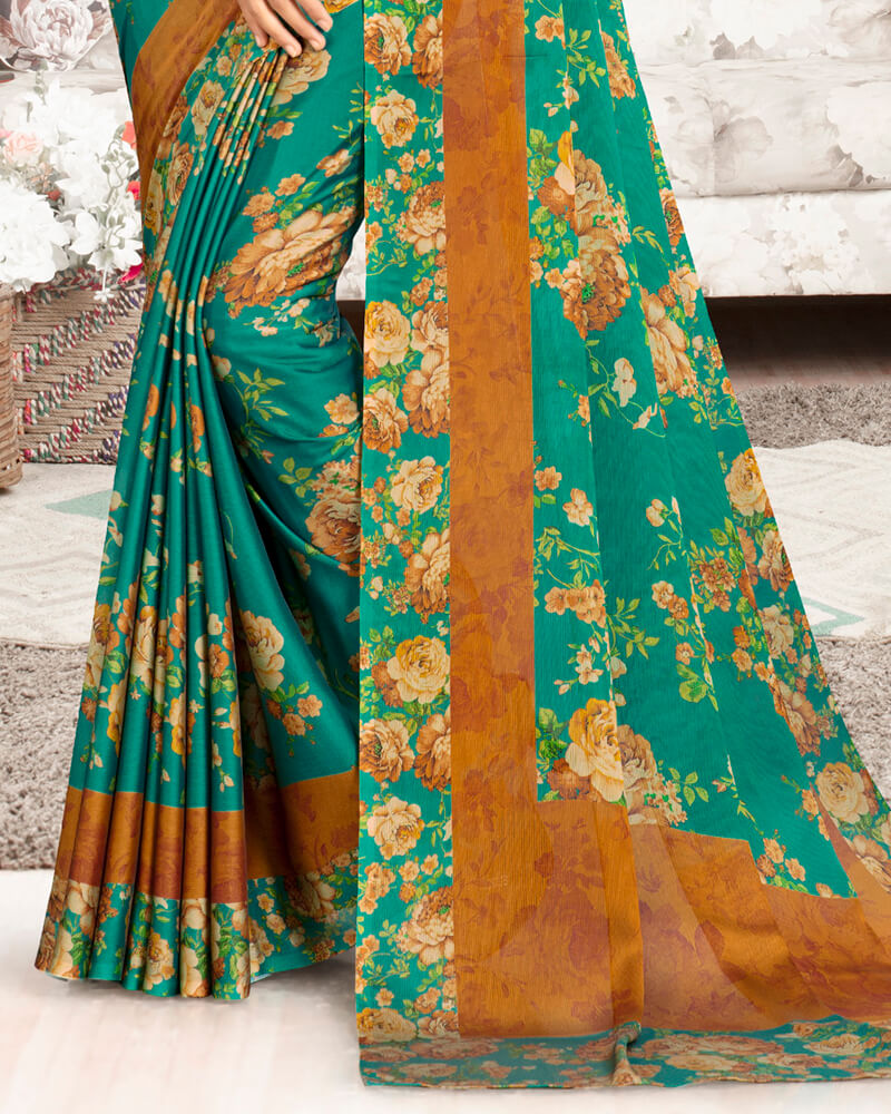 Vishal Prints Sea Green And Ochre Digital Print Chiffon Saree