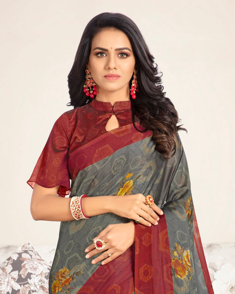 Vishal Prints Grey Digital Print Chiffon Saree