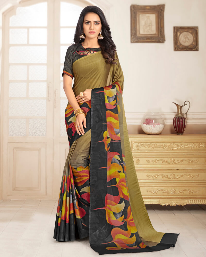 Vishal Prints Olive Green And Grey Digital Print Chiffon Saree