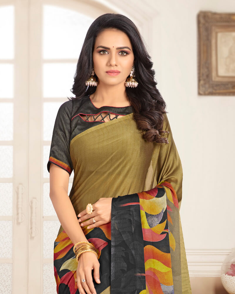 Vishal Prints Olive Green And Grey Digital Print Chiffon Saree
