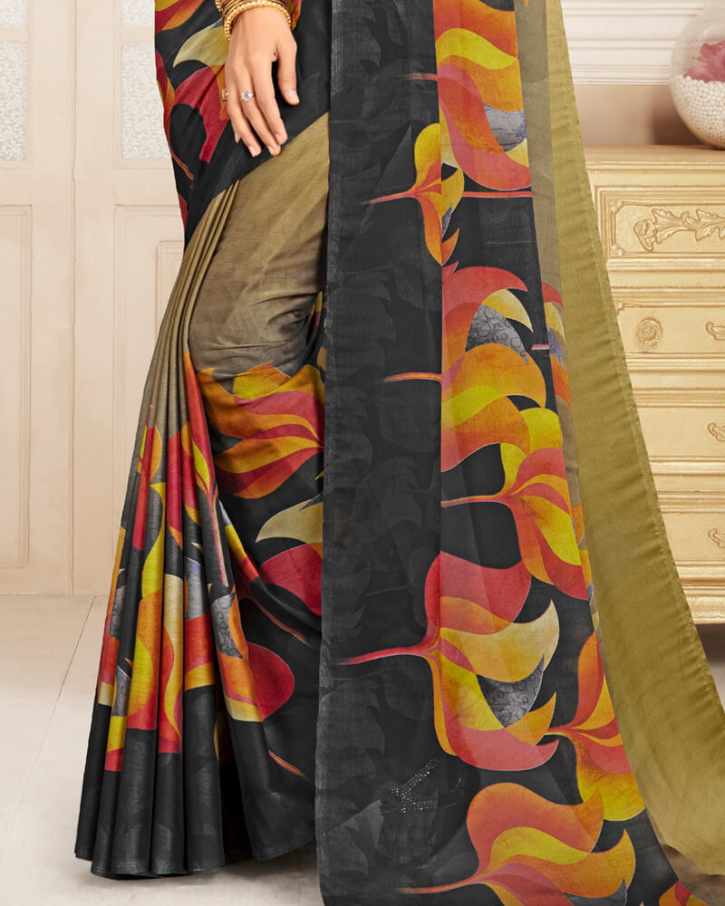 Vishal Prints Olive Green And Grey Digital Print Chiffon Saree