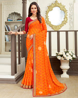 Vishal Prints Orange Brasso Saree With Foil Print And Jari Border