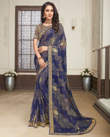 Vishal Prints Ink Blue Brasso Saree With Foil Print And Jari Border