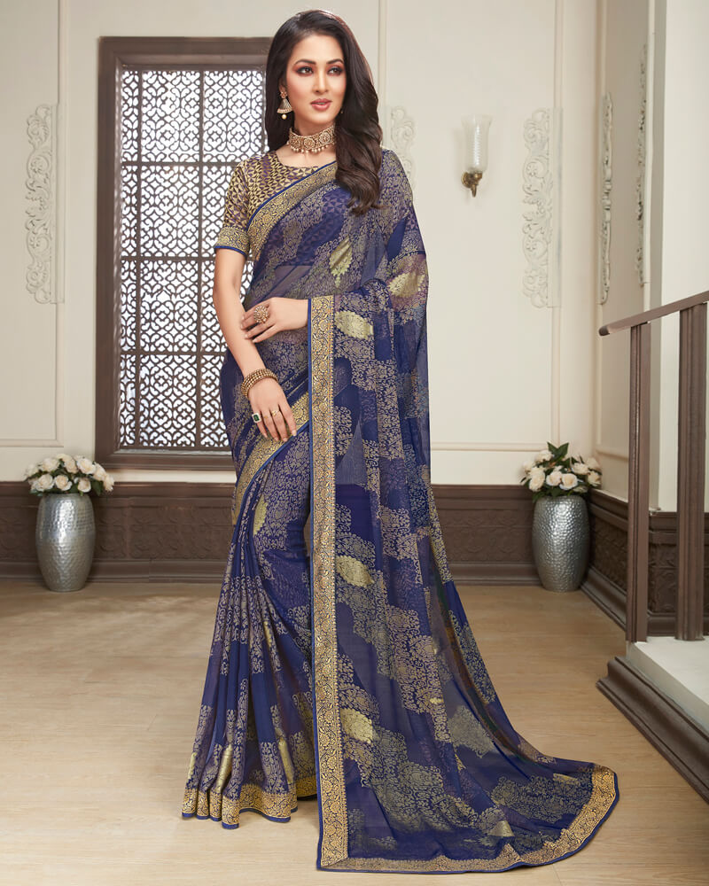 Vishal Prints Ink Blue Brasso Saree With Foil Print And Jari Border