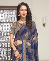 Vishal Prints Ink Blue Brasso Saree With Foil Print And Jari Border