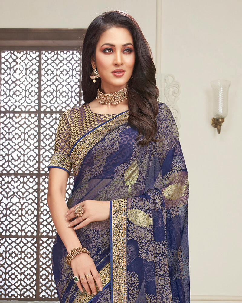 Vishal Prints Ink Blue Brasso Saree With Foil Print And Jari Border