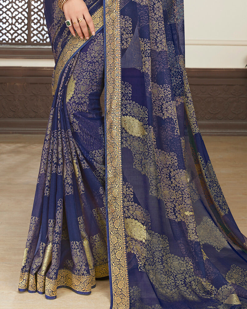 Vishal Prints Ink Blue Brasso Saree With Foil Print And Jari Border
