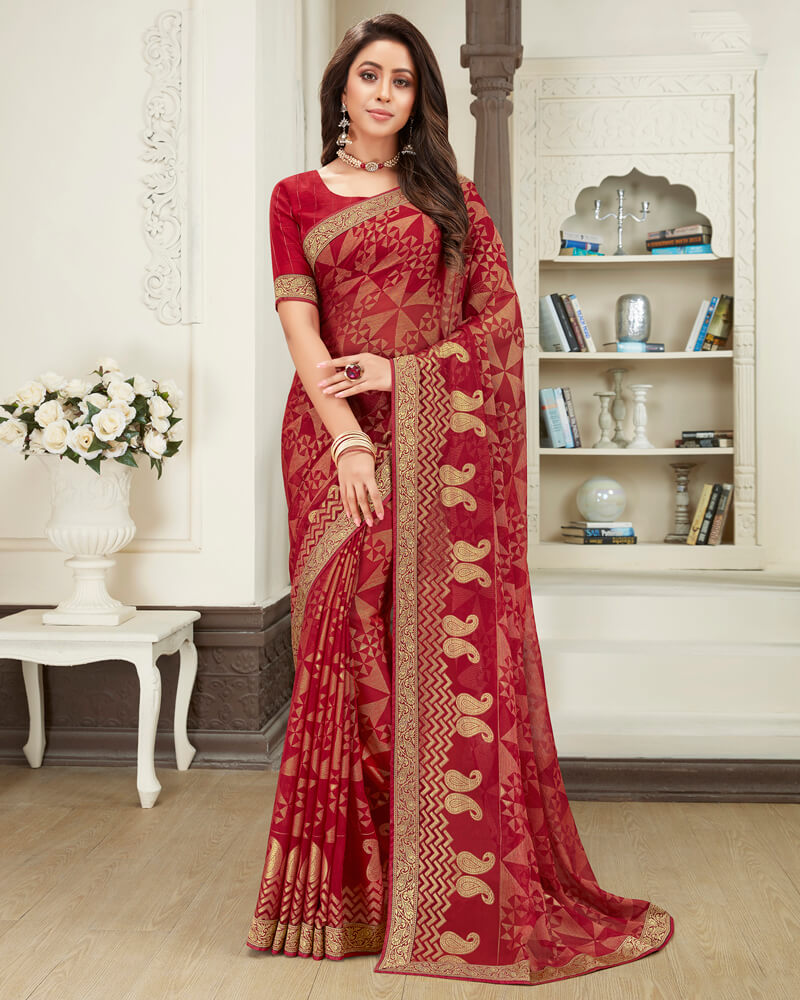 Vishal Prints Red Brasso Saree With Foil Print And Jari Border