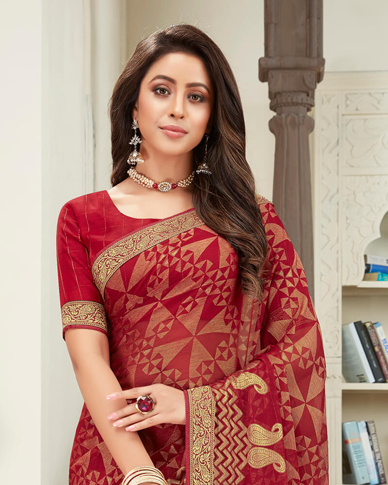 Vishal Prints Red Brasso Saree With Foil Print And Jari Border