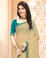 Vishal Prints Beige Brasso Saree With Foil Prnt And Jari Border