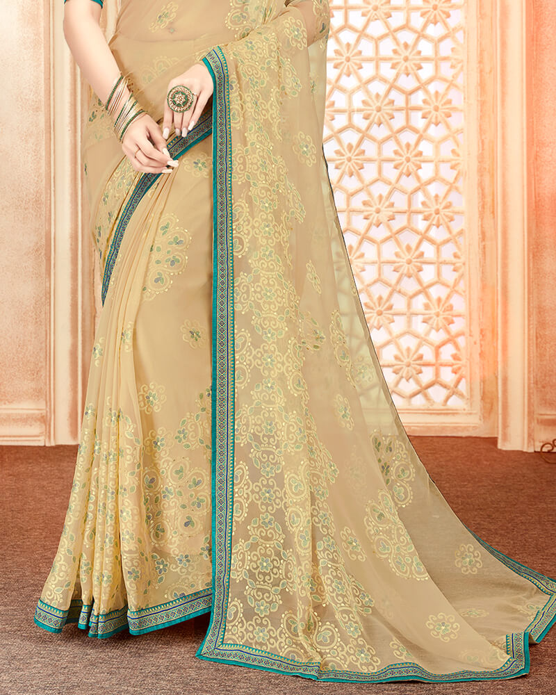 Vishal Prints Beige Brasso Saree With Foil Prnt And Jari Border