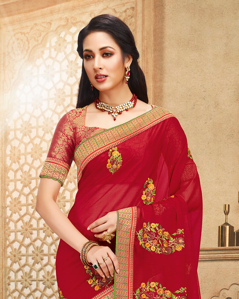 Vishal Prints Maroon Chiffon Saree With Embroidery And Diamond Work