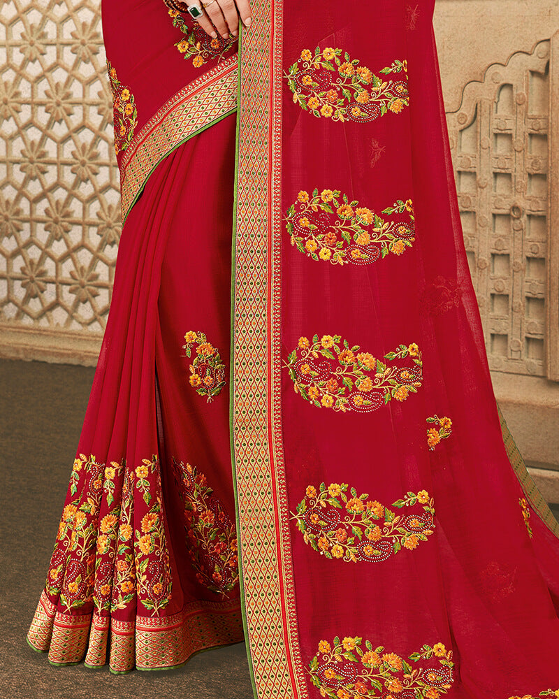 Vishal Prints Maroon Chiffon Saree With Embroidery And Diamond Work