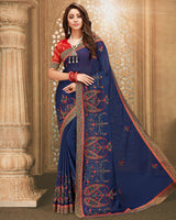 Vishal Prints Navy Blue Chiffon Saree With Embroidery And Diamond Work